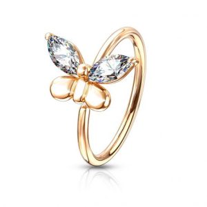 Rose gold butterfly nose ring with pink rhinestone