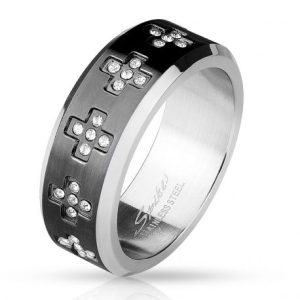 Men's Ring with Black Strass Cross in Steel