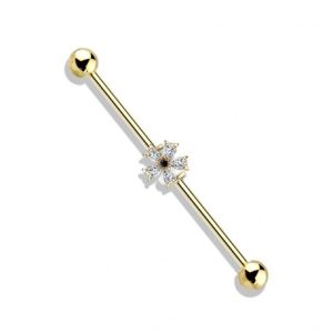 Industrial ear piercing with black zircon flower and gold plating