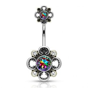 Double Filigree Vitrail Crystal Flower Belly Button Piercing